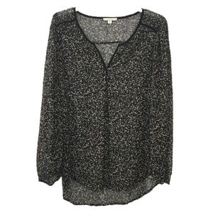 Pleione Black Speckle Print Sheer V-Neck Blouse